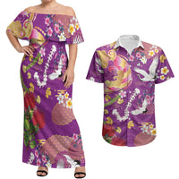Hawaiian and Japanese Culture Together Couples Matching Off Shoulder Maxi Dress and Hawaiian Shirt Kakau Tribal Pattern and Irezumi Art Purple Color