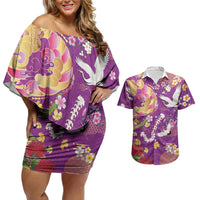 Hawaiian and Japanese Culture Together Couples Matching Off Shoulder Short Dress and Hawaiian Shirt Kakau Tribal Pattern and Irezumi Art Purple Color