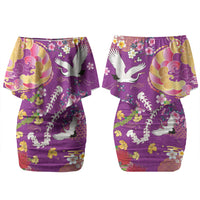 Hawaiian and Japanese Culture Together Couples Matching Off Shoulder Short Dress and Hawaiian Shirt Kakau Tribal Pattern and Irezumi Art Purple Color
