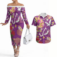 Hawaiian and Japanese Culture Together Couples Matching Off The Shoulder Long Sleeve Dress and Hawaiian Shirt Kakau Tribal Pattern and Irezumi Art Purple Color