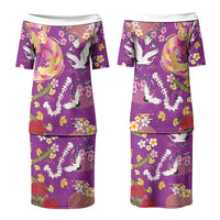 Hawaiian and Japanese Culture Together Couples Matching Puletasi and Long Sleeve Button Shirt Kakau Tribal Pattern and Irezumi Art Purple Color