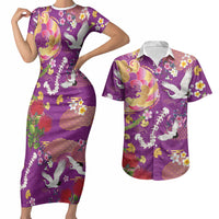 Hawaiian and Japanese Culture Together Couples Matching Short Sleeve Bodycon Dress and Hawaiian Shirt Kakau Tribal Pattern and Irezumi Art Purple Color LT03 Purple - Polynesian Pride
