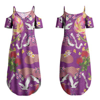 Hawaiian and Japanese Culture Together Couples Matching Summer Maxi Dress and Hawaiian Shirt Kakau Tribal Pattern and Irezumi Art Purple Color