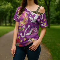 Hawaiian and Japanese Culture Together Cross Shoulder Shirt Kakau Tribal Pattern and Irezumi Art Purple Color