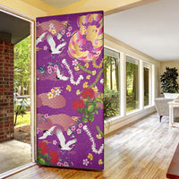 Hawaiian and Japanese Culture Together Door Cover Kakau Tribal Pattern and Irezumi Art Purple Color