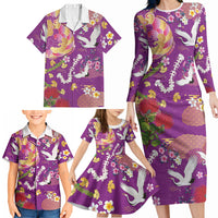 Hawaiian and Japanese Culture Together Family Matching Long Sleeve Bodycon Dress and Hawaiian Shirt Kakau Tribal Pattern and Irezumi Art Purple Color