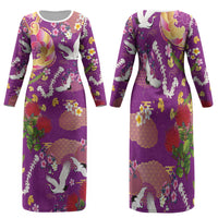 Hawaiian and Japanese Culture Together Family Matching Long Sleeve Bodycon Dress and Hawaiian Shirt Kakau Tribal Pattern and Irezumi Art Purple Color LT03 Mom's Dress Purple - Polynesian Pride