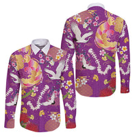 Hawaiian and Japanese Culture Together Family Matching Off Shoulder Short Dress and Hawaiian Shirt Kakau Tribal Pattern and Irezumi Art Purple Color