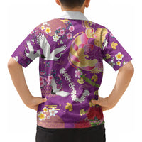 Hawaiian and Japanese Culture Together Kid Hawaiian Shirt Kakau Tribal Pattern and Irezumi Art Purple Color