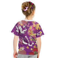 Hawaiian and Japanese Culture Together Kid T Shirt Kakau Tribal Pattern and Irezumi Art Purple Color