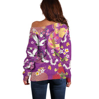 Hawaiian and Japanese Culture Together Off Shoulder Sweater Kakau Tribal Pattern and Irezumi Art Purple Color