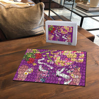 Hawaiian and Japanese Culture Together Puzzle Kakau Tribal Pattern and Irezumi Art Purple Color