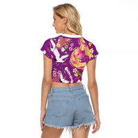 Hawaiian and Japanese Culture Together Raglan Cropped T Shirt Kakau Tribal Pattern and Irezumi Art Purple Color