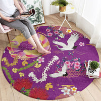 Hawaiian and Japanese Culture Together Round Carpet Kakau Tribal Pattern and Irezumi Art Purple Color