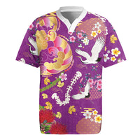 Hawaiian and Japanese Culture Together Rugby Jersey Kakau Tribal Pattern and Irezumi Art Purple Color