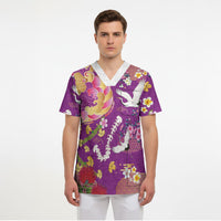 Hawaiian and Japanese Culture Together Scrub Top Kakau Tribal Pattern and Irezumi Art Purple Color