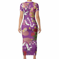 Hawaiian and Japanese Culture Together Short Sleeve Bodycon Dress Kakau Tribal Pattern and Irezumi Art Purple Color