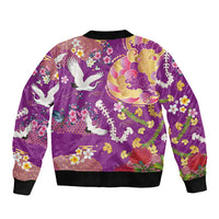 Hawaiian and Japanese Culture Together Sleeve Zip Bomber Jacket Kakau Tribal Pattern and Irezumi Art Purple Color