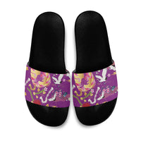 Hawaiian and Japanese Culture Together Slide Sandals Kakau Tribal Pattern and Irezumi Art Purple Color