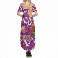 Hawaiian and Japanese Culture Together Summer Maxi Dress Kakau Tribal Pattern and Irezumi Art Purple Color