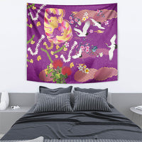Hawaiian and Japanese Culture Together Tapestry Kakau Tribal Pattern and Irezumi Art Purple Color