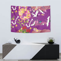 Hawaiian and Japanese Culture Together Tapestry Kakau Tribal Pattern and Irezumi Art Purple Color