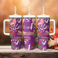 Hawaiian and Japanese Culture Together Tumbler With Handle Kakau Tribal Pattern and Irezumi Art Purple Color