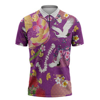 Hawaiian and Japanese Culture Together Zipper Polo Shirt Kakau Tribal Pattern and Irezumi Art Purple Color LT03 Purple - Polynesian Pride
