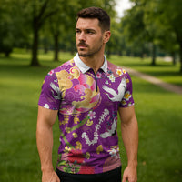 Hawaiian and Japanese Culture Together Zipper Polo Shirt Kakau Tribal Pattern and Irezumi Art Purple Color LT03 - Polynesian Pride