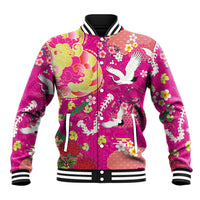 Hawaiian and Japanese Culture Together Baseball Jacket Kakau Tribal Pattern and Irezumi Art Pink Color