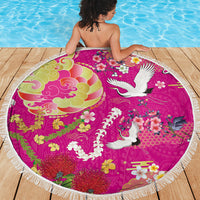 Hawaiian and Japanese Culture Together Beach Blanket Kakau Tribal Pattern and Irezumi Art Pink Color