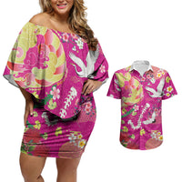 Hawaiian and Japanese Culture Together Couples Matching Off Shoulder Short Dress and Hawaiian Shirt Kakau Tribal Pattern and Irezumi Art Pink Color