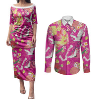 Hawaiian and Japanese Culture Together Couples Matching Puletasi and Long Sleeve Button Shirt Kakau Tribal Pattern and Irezumi Art Pink Color