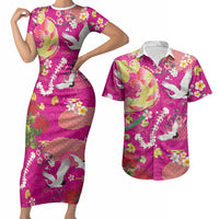 Hawaiian and Japanese Culture Together Couples Matching Short Sleeve Bodycon Dress and Hawaiian Shirt Kakau Tribal Pattern and Irezumi Art Pink Color