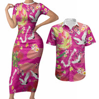 Hawaiian and Japanese Culture Together Couples Matching Short Sleeve Bodycon Dress and Hawaiian Shirt Kakau Tribal Pattern and Irezumi Art Pink Color LT03 Pink - Polynesian Pride