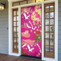 Hawaiian and Japanese Culture Together Door Cover Kakau Tribal Pattern and Irezumi Art Pink Color