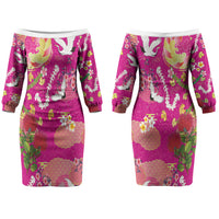 Hawaiian and Japanese Culture Together Family Matching Off The Shoulder Long Sleeve Dress and Hawaiian Shirt Kakau Tribal Pattern and Irezumi Art Pink Color