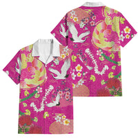 Hawaiian and Japanese Culture Together Family Matching Off The Shoulder Long Sleeve Dress and Hawaiian Shirt Kakau Tribal Pattern and Irezumi Art Pink Color LT03 Dad's Shirt - Short Sleeve Pink - Polynesian Pride