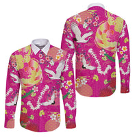 Hawaiian and Japanese Culture Together Family Matching Off The Shoulder Long Sleeve Dress and Hawaiian Shirt Kakau Tribal Pattern and Irezumi Art Pink Color LT03 Dad's Shirt - Long Sleeve Pink - Polynesian Pride