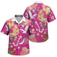 Hawaiian and Japanese Culture Together Family Matching Off The Shoulder Long Sleeve Dress and Hawaiian Shirt Kakau Tribal Pattern and Irezumi Art Pink Color LT03 Son's Shirt Pink - Polynesian Pride