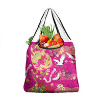 Hawaiian and Japanese Culture Together Grocery Bag Kakau Tribal Pattern and Irezumi Art Pink Color