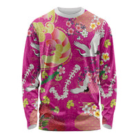 Hawaiian and Japanese Culture Together Long Sleeve Shirt Kakau Tribal Pattern and Irezumi Art Pink Color