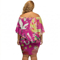 Hawaiian and Japanese Culture Together Off Shoulder Short Dress Kakau Tribal Pattern and Irezumi Art Pink Color
