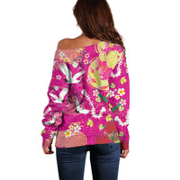Hawaiian and Japanese Culture Together Off Shoulder Sweater Kakau Tribal Pattern and Irezumi Art Pink Color