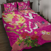 Hawaiian and Japanese Culture Together Quilt Bed Set Kakau Tribal Pattern and Irezumi Art Pink Color