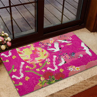 Hawaiian and Japanese Culture Together Rubber Doormat Kakau Tribal Pattern and Irezumi Art Pink Color