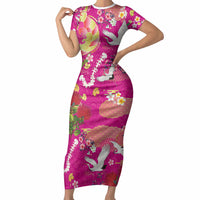 Hawaiian and Japanese Culture Together Short Sleeve Bodycon Dress Kakau Tribal Pattern and Irezumi Art Pink Color