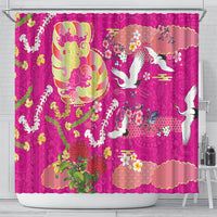 Hawaiian and Japanese Culture Together Shower Curtain Kakau Tribal Pattern and Irezumi Art Pink Color