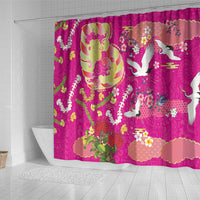 Hawaiian and Japanese Culture Together Shower Curtain Kakau Tribal Pattern and Irezumi Art Pink Color