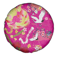 Hawaiian and Japanese Culture Together Spare Tire Cover Kakau Tribal Pattern and Irezumi Art Pink Color